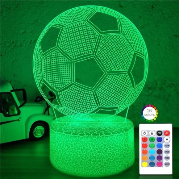 Soccer Gifts 3D Night Light for Kids,Soccer 3D Illusion Lamp 16 Colors Dimmable - Picture 1 of 6